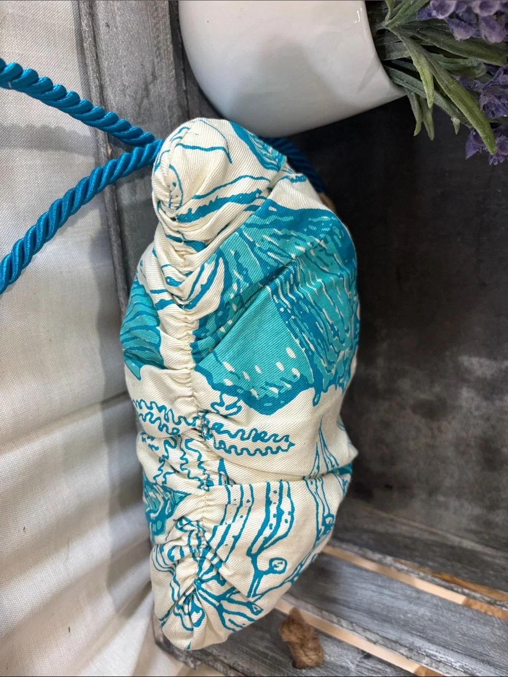 Teal Shell-Print Straw-Trim Crossbody Bag
